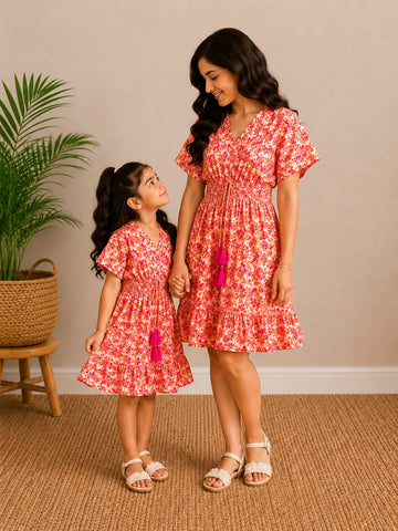 Mom & Daughter Sunset Bloom Printed Matching Smocked Waist Flared Dress Set with Tassel Tie Detail