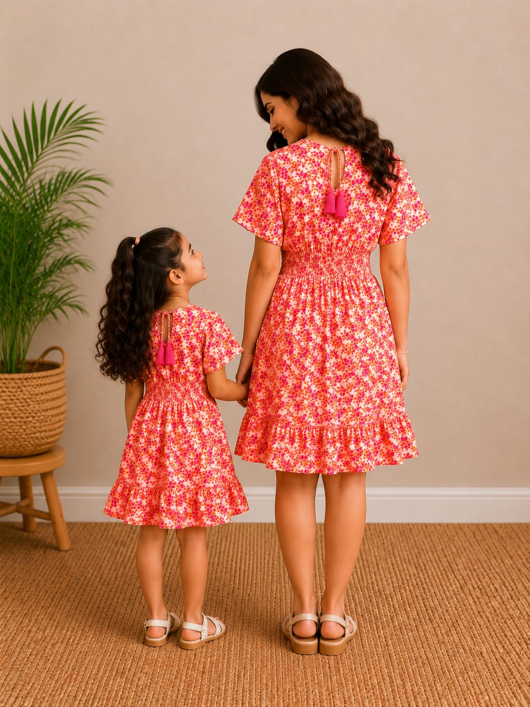 Mom & Daughter Sunset Bloom Printed Matching Smocked Waist Flared Dress Set with Tassel Tie Detail
