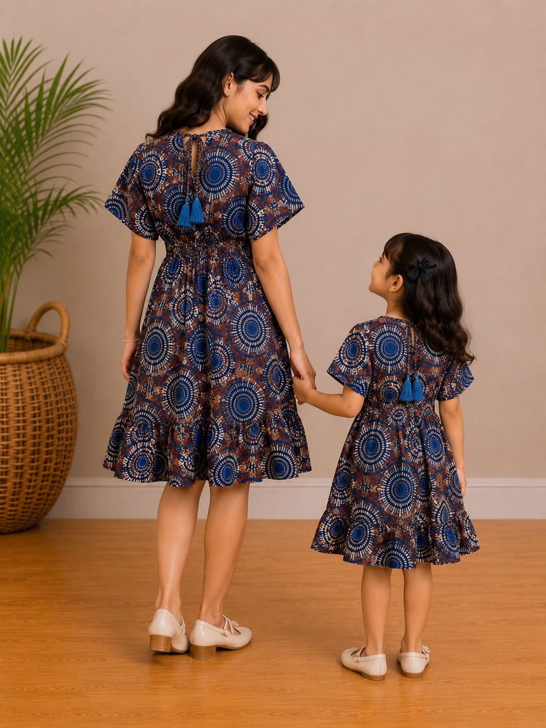 Mom & Daughter Royal Indigo Mandala Printed Matching Smocked Waist Flared Dress Set with Tassel Tie-Up Detail