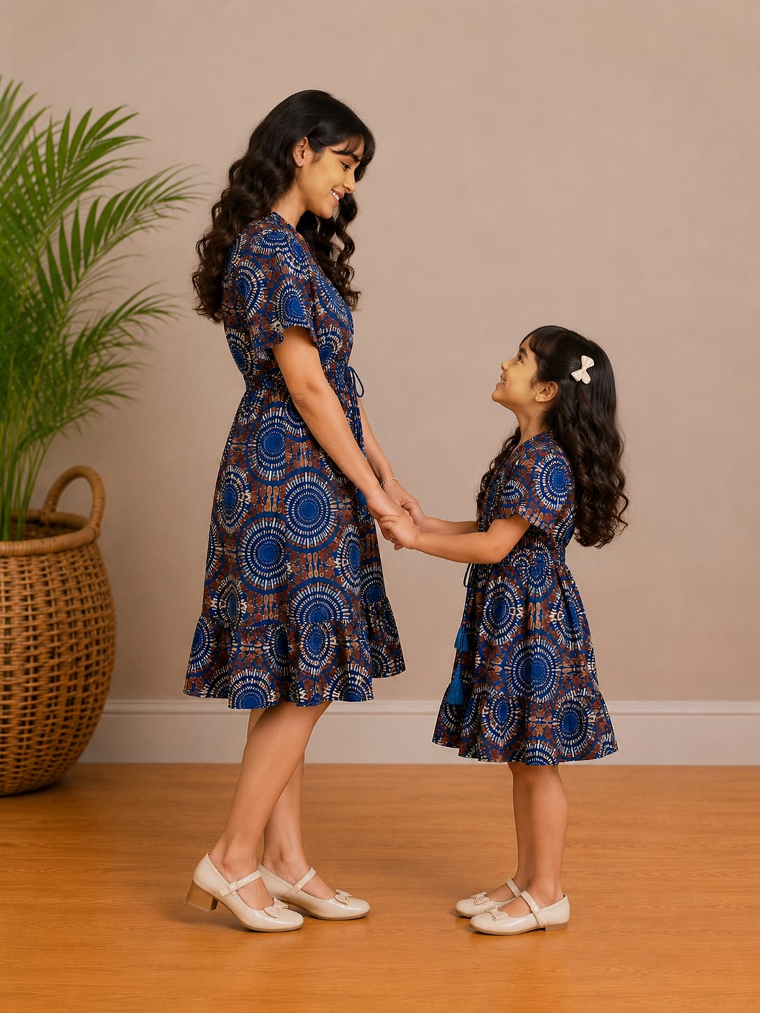 Mom & Daughter Royal Indigo Mandala Printed Matching Smocked Waist Flared Dress Set with Tassel Tie-Up Detail