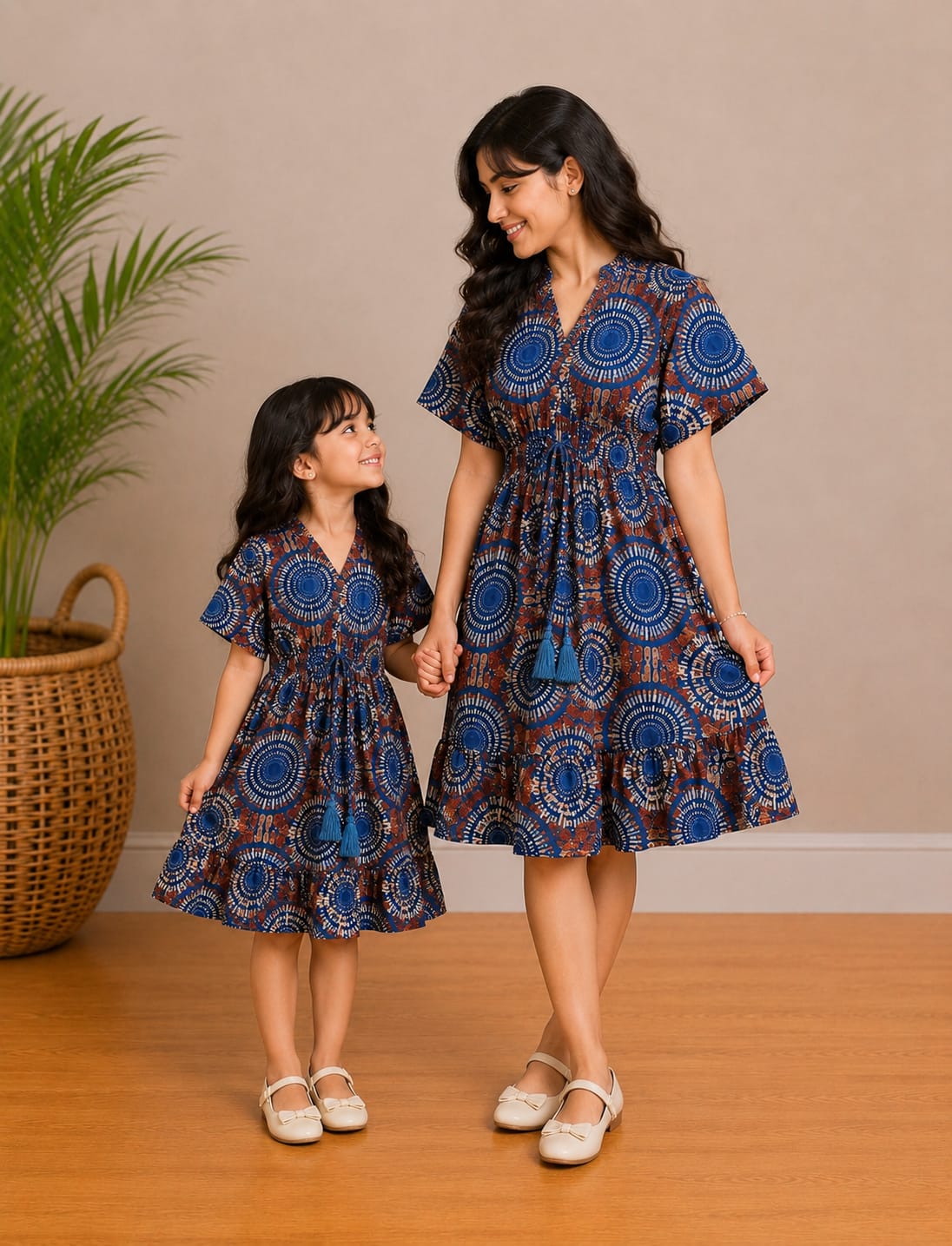 Mom & Daughter Royal Indigo Mandala Printed Matching Smocked Waist Flared Dress Set with Tassel Tie-Up Detail