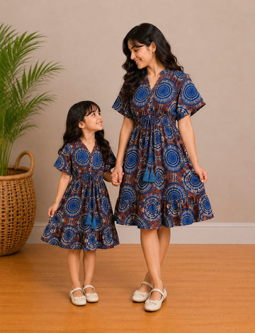 Mom & Daughter Royal Indigo Mandala Printed Matching Smocked Waist Flared Dress Set with Tassel Tie-Up Detail