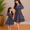Mom & Daughter Royal Indigo Mandala Printed Matching Smocked Waist Flared Dress Set with Tassel Tie-Up Detail