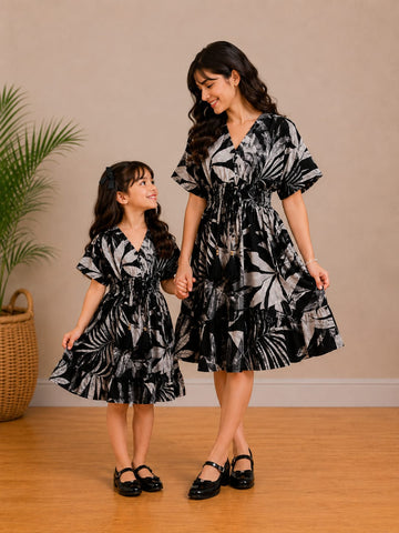 Mom & Daughter Midnight Palm Printed Matching Flared Dress Set with Smocked Waist Detail