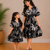 Mom & Daughter Midnight Palm Printed Matching Flared Dress Set with Smocked Waist Detail