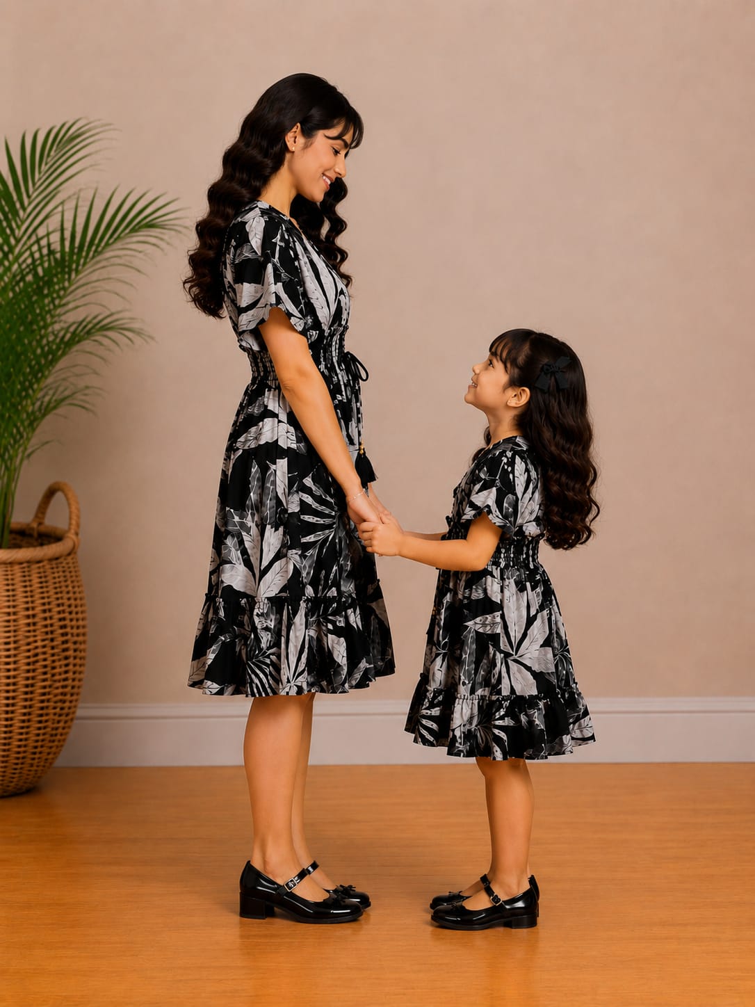 Mom & Daughter Midnight Palm Printed Matching Flared Dress Set with Smocked Waist Detail
