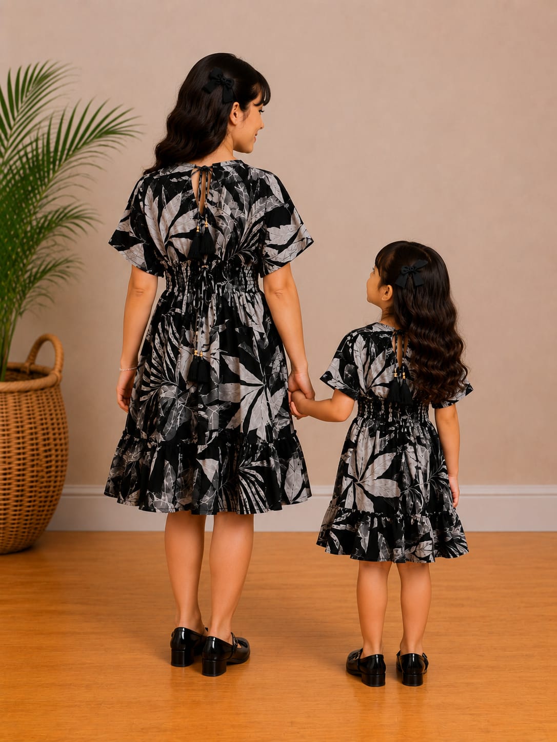 Mom & Daughter Midnight Palm Printed Matching Flared Dress Set with Smocked Waist Detail