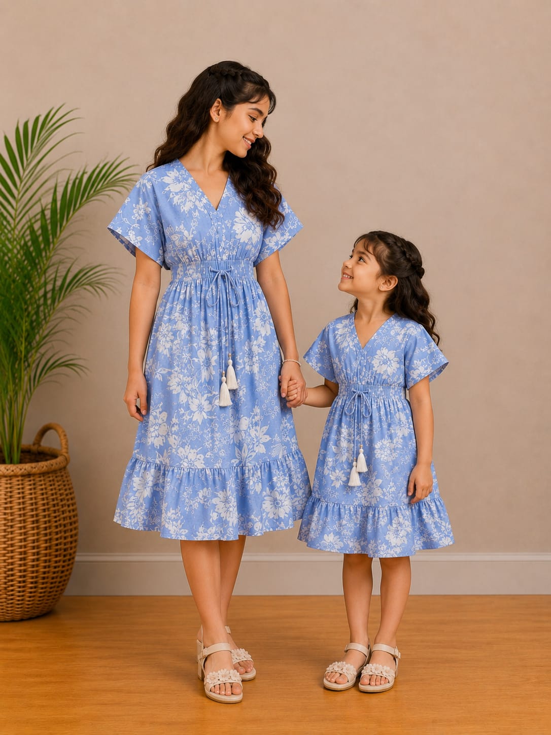 Mom & Daughter Lavender Bloom Printed Matching Smocked Waist Flared Dress Set with Tassel Tie-Up Detail