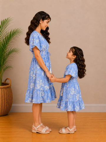 Mom & Daughter Lavender Bloom Printed Matching Smocked Waist Flared Dress Set with Tassel Tie-Up Detail