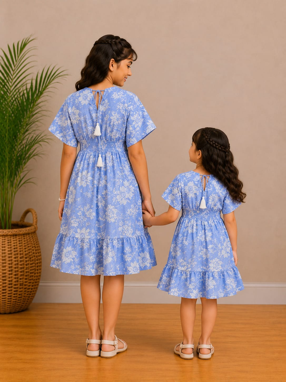 Mom & Daughter Lavender Bloom Printed Matching Smocked Waist Flared Dress Set with Tassel Tie-Up Detail