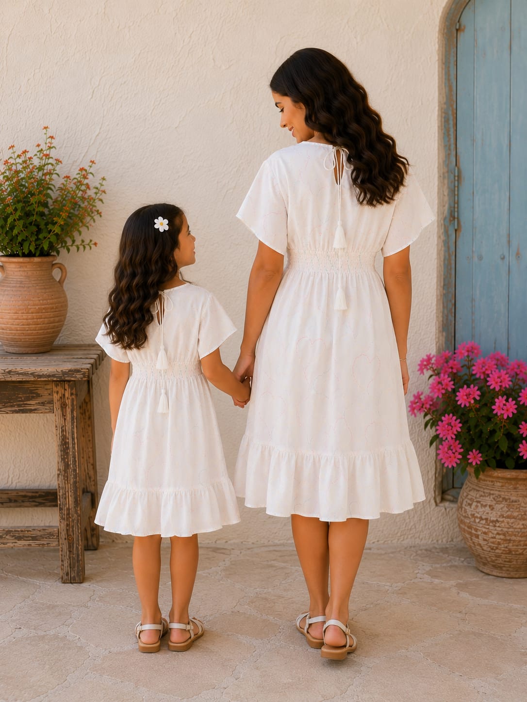 Mom & Daughter White Abstract Swirl Printed Matching Smocked Waist Flared Dress Set with Tassel Tie-Up Detail