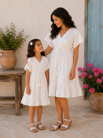 Mom & Daughter White Abstract Swirl Printed Matching Smocked Waist Flared Dress Set with Tassel Tie-Up Detail