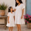 Mom & Daughter White Abstract Swirl Printed Matching Smocked Waist Flared Dress Set with Tassel Tie-Up Detail