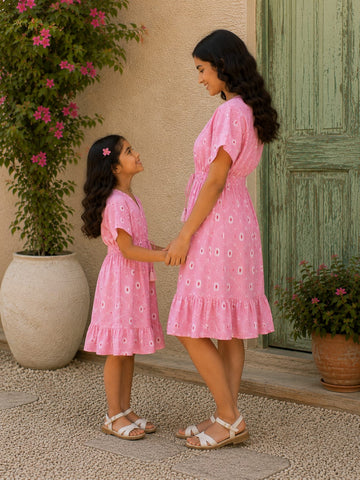 Mom & Daughter Blush Pink Floral Printed Matching Smocked Waist Flared Dress Set with Tassel Tie-Up Detail