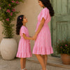Mom & Daughter Blush Pink Floral Printed Matching Smocked Waist Flared Dress Set with Tassel Tie-Up Detail