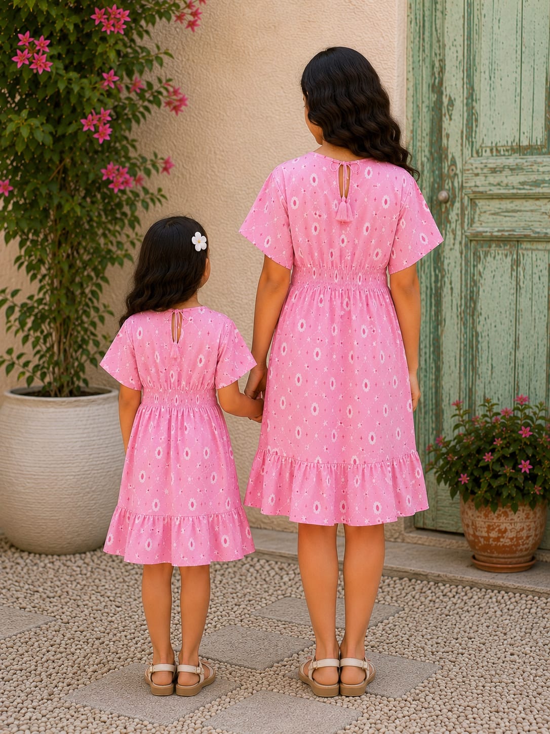 Mom & Daughter Blush Pink Floral Printed Matching Smocked Waist Flared Dress Set with Tassel Tie-Up Detail