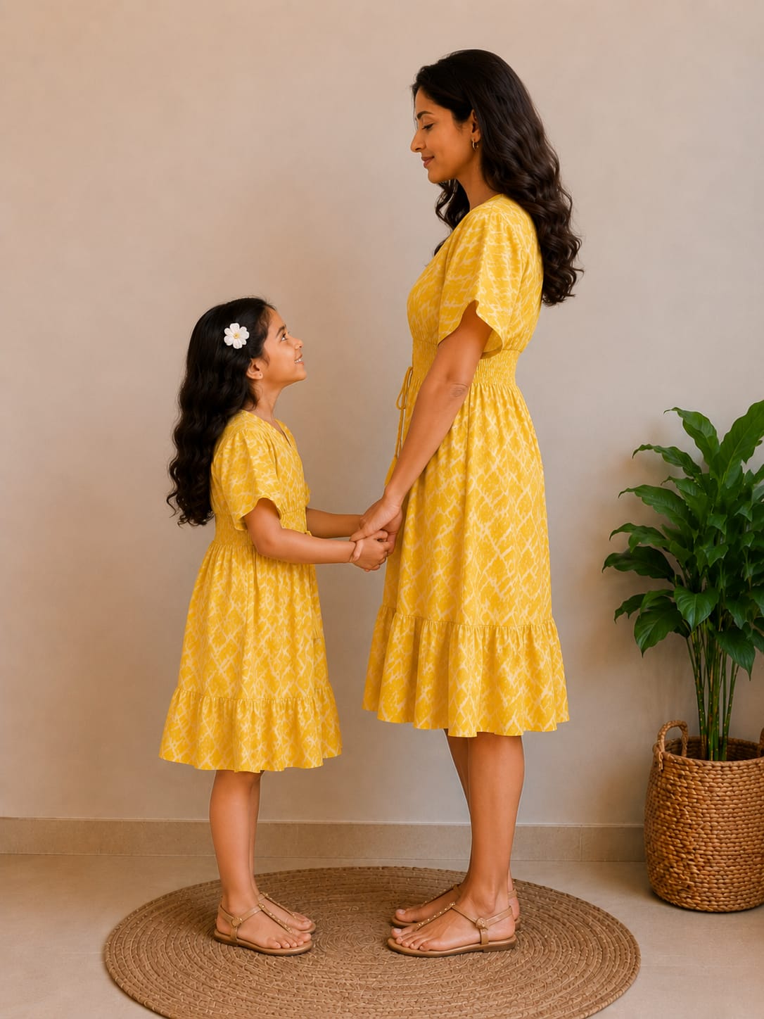 Mom & Daughter Sunshine Yellow Printed Matching Smocked Waist Flared Dress Set with Tassel Tie-Up Detail