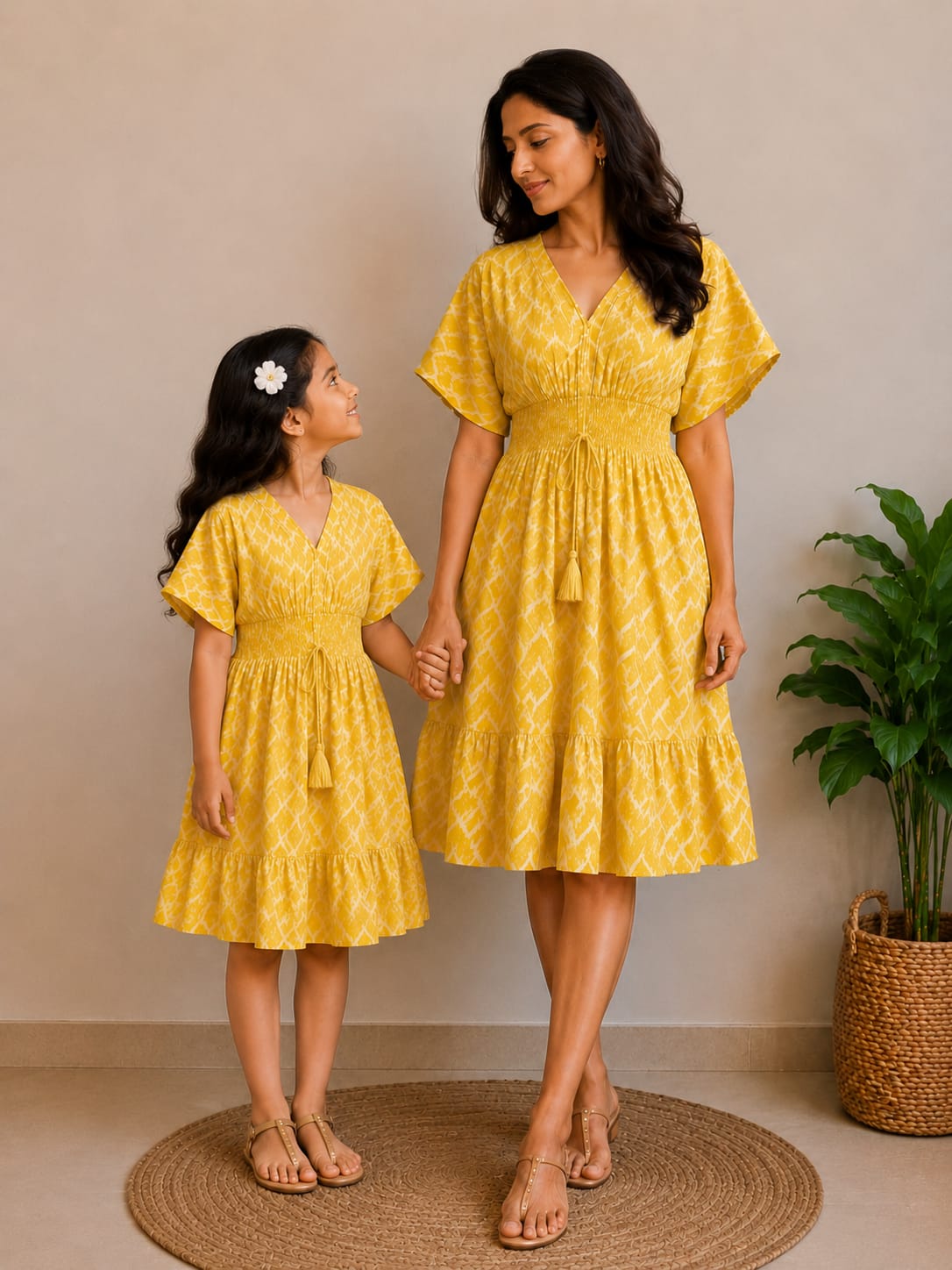 Mom & Daughter Sunshine Yellow Printed Matching Smocked Waist Flared Dress Set with Tassel Tie-Up Detail
