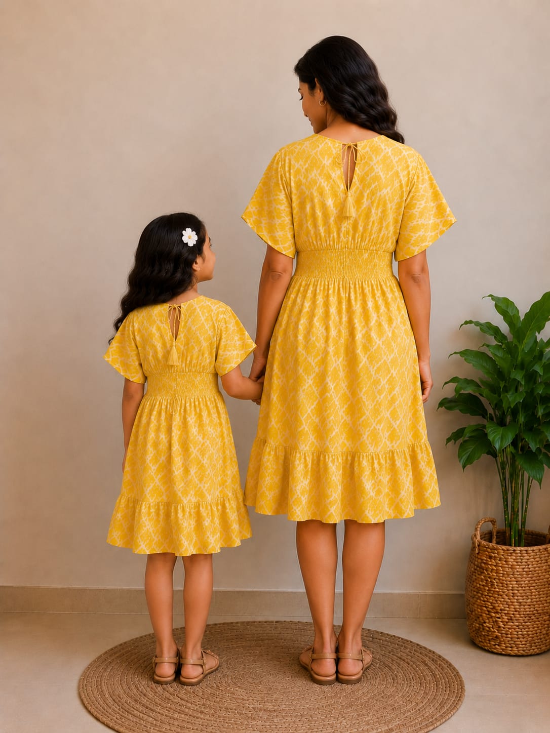Mom & Daughter Sunshine Yellow Printed Matching Smocked Waist Flared Dress Set with Tassel Tie-Up Detail