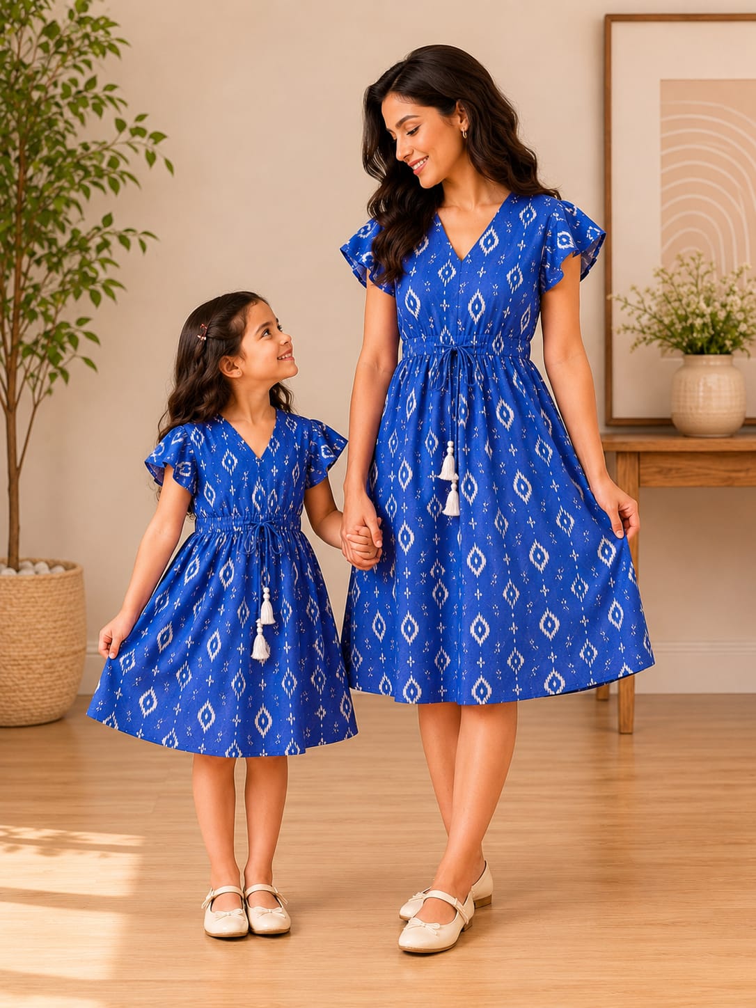 Mom & Daughter Blue Ikat Printed Matching Smocked Waist Flared Dress Set with Tassel Tie-Up Detail