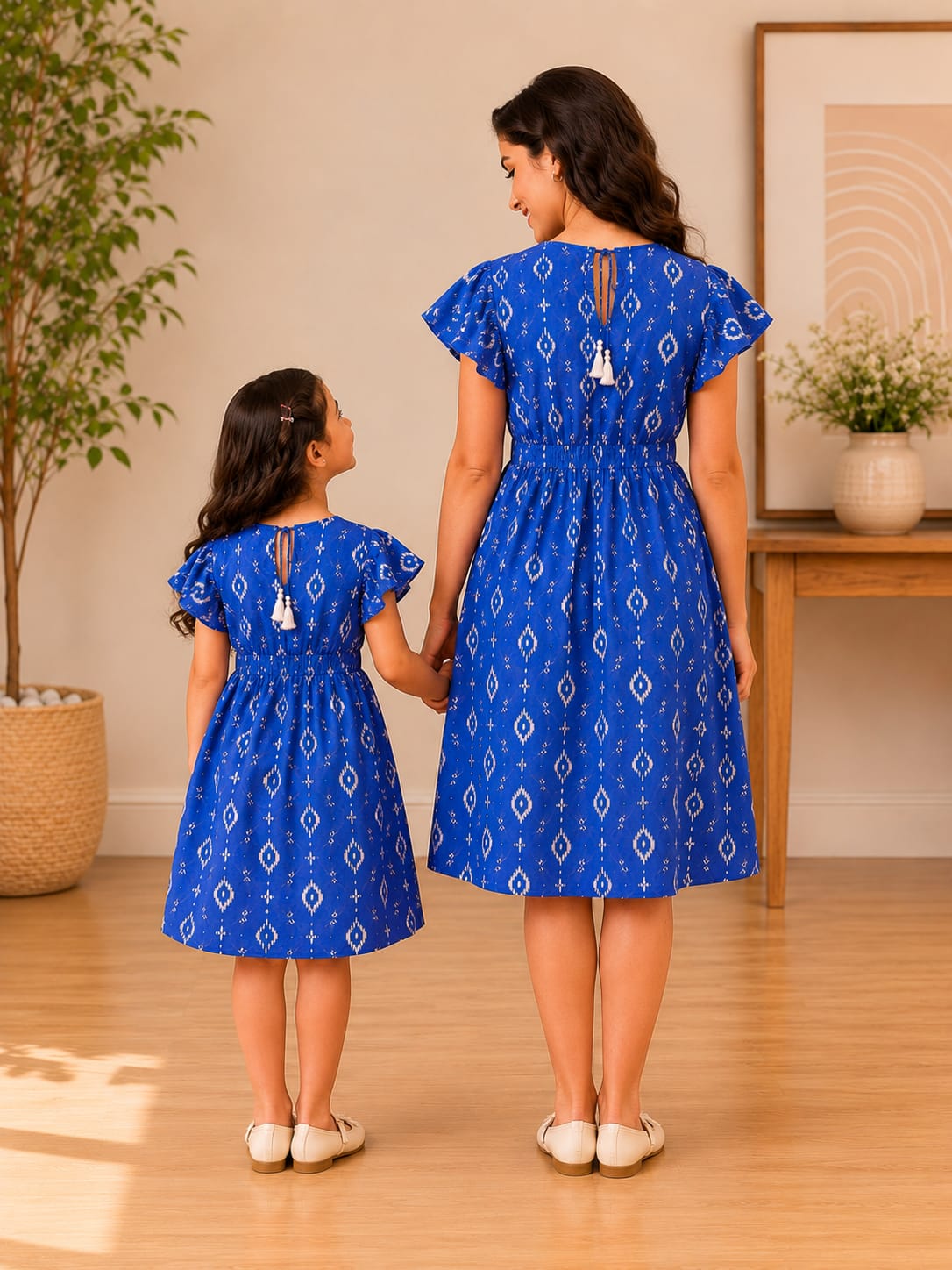 Mom & Daughter Blue Ikat Printed Matching Smocked Waist Flared Dress Set with Tassel Tie-Up Detail