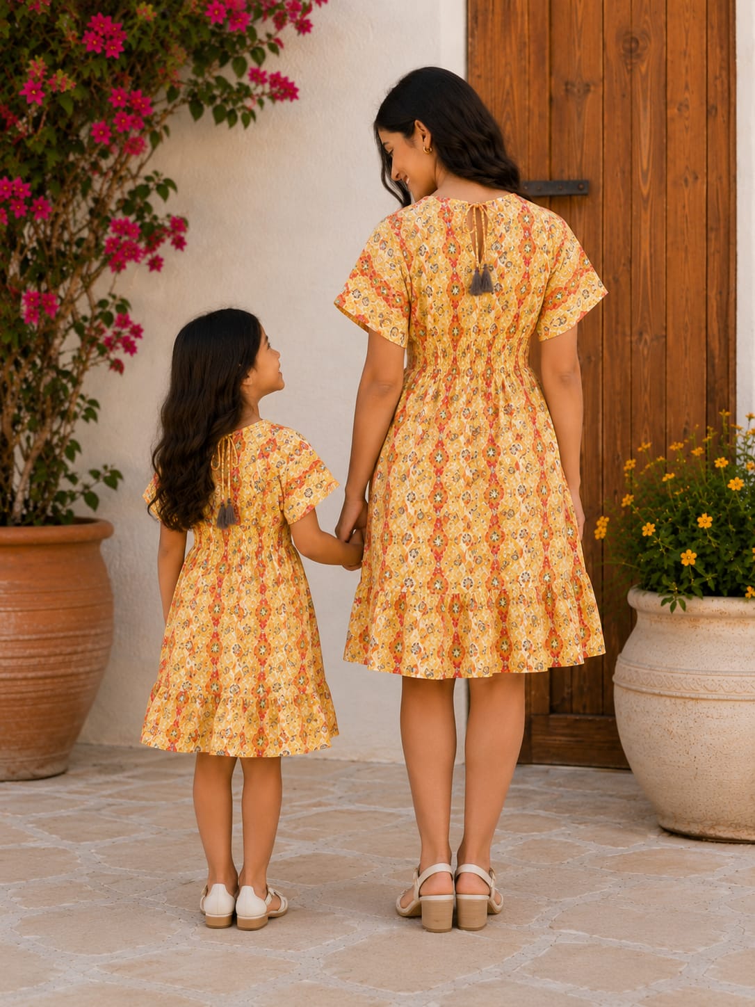 Mom & Daughter Yellow Ethnic Printed Matching Smocked Waist Flared Dress Set with Tassel Tie-Up Detail