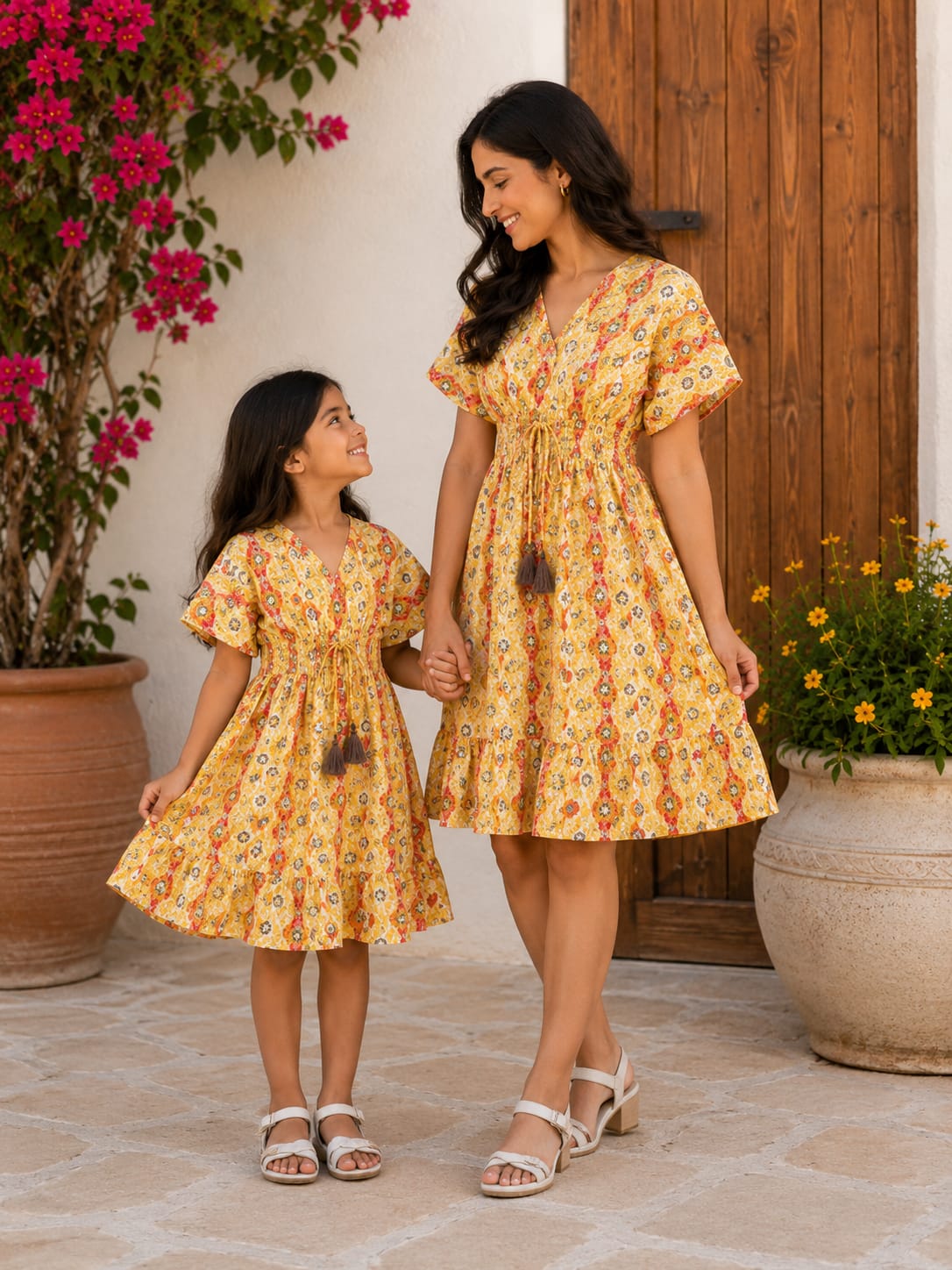Mom & Daughter Yellow Ethnic Printed Matching Smocked Waist Flared Dress Set with Tassel Tie-Up Detail