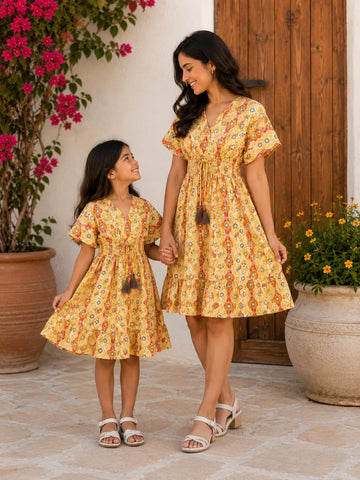 Mom & Daughter Yellow Ethnic Printed Matching Smocked Waist Flared Dress Set with Tassel Tie-Up Detail