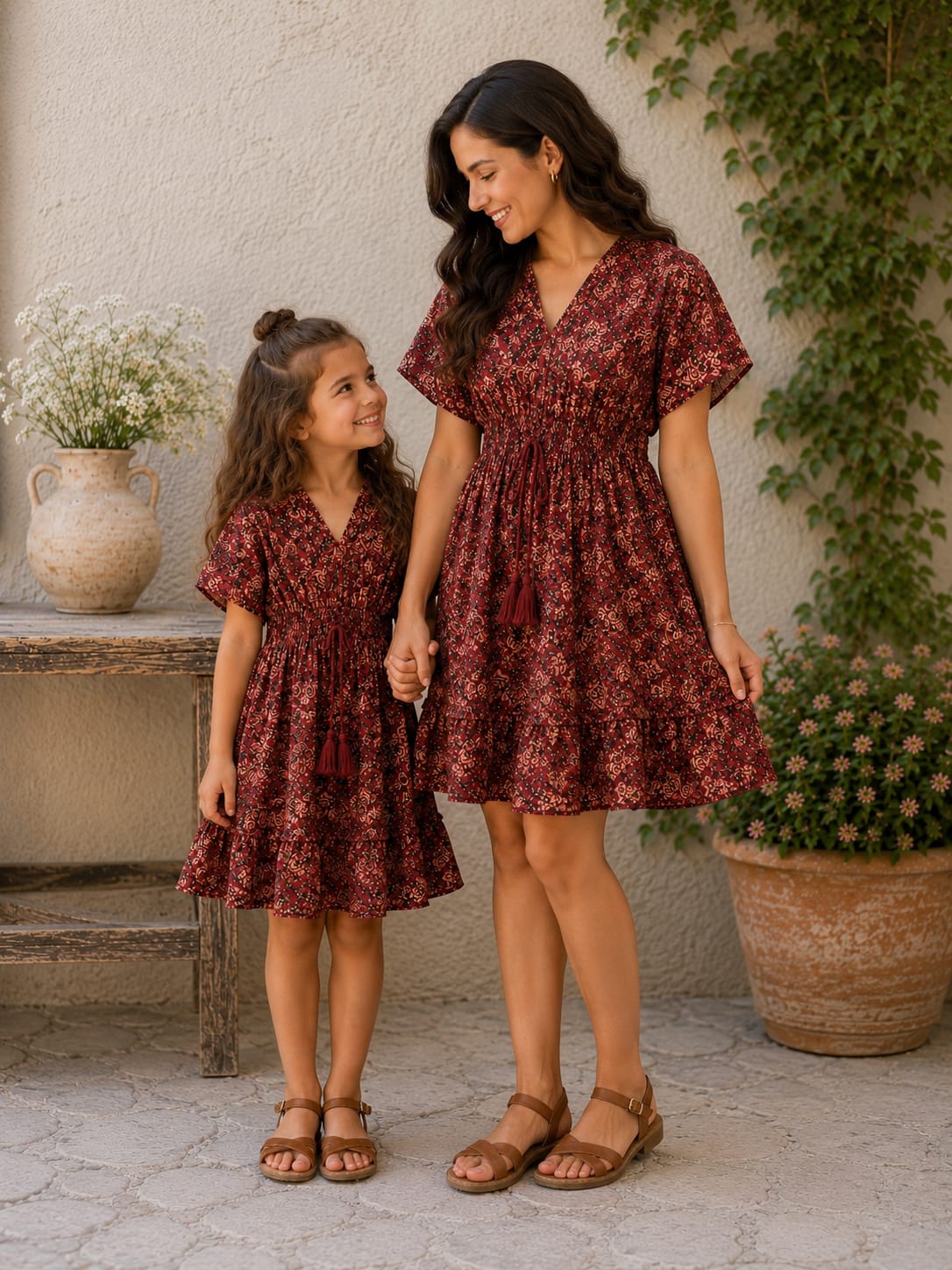 Mom & Daughter Rust Brown Floral Printed Smocked Waist Matching Flared Dress Set