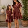 Mom & Daughter Rust Brown Floral Printed Smocked Waist Matching Flared Dress Set