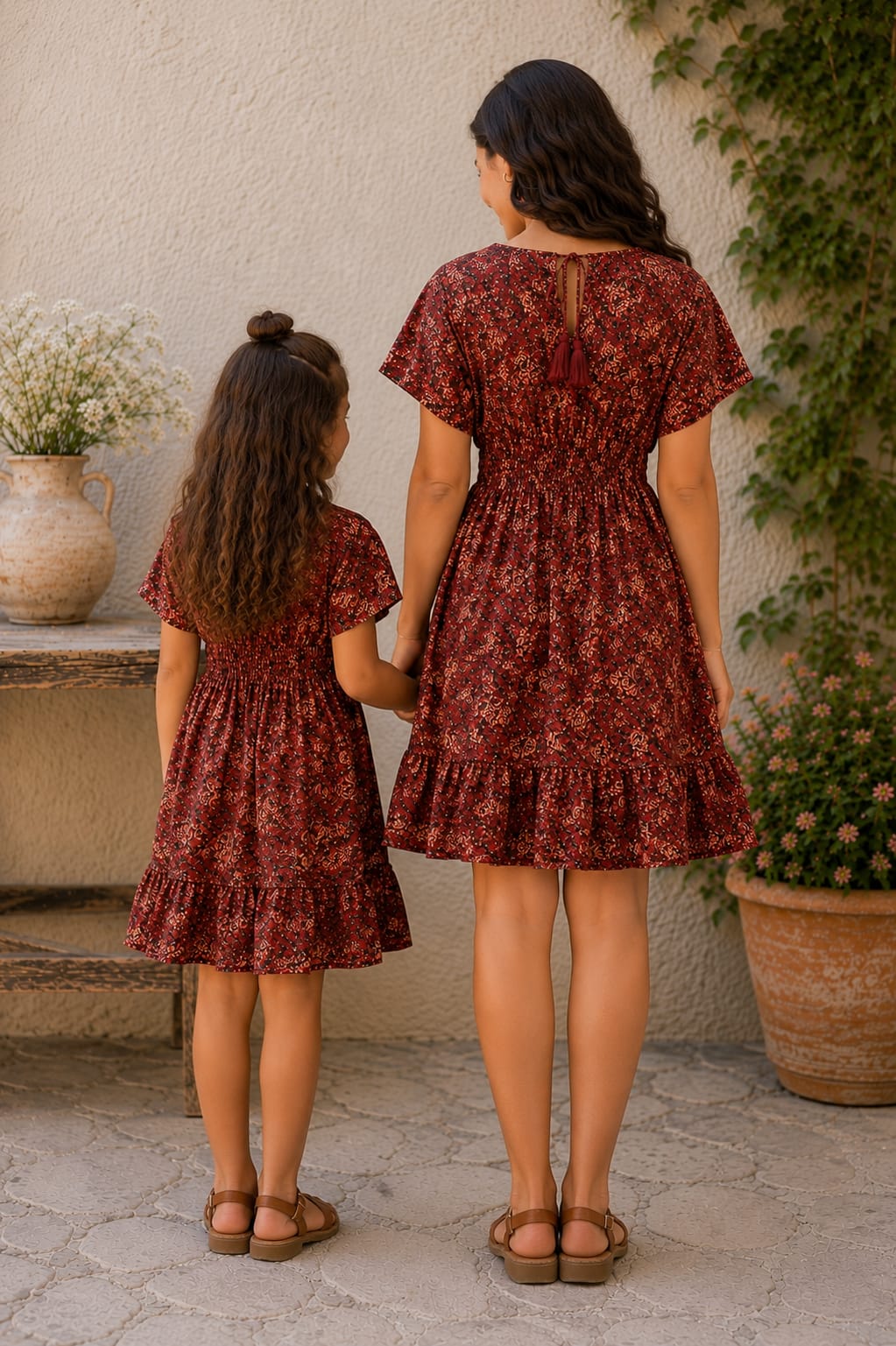 Mom & Daughter Rust Brown Floral Printed Smocked Waist Matching Flared Dress Set