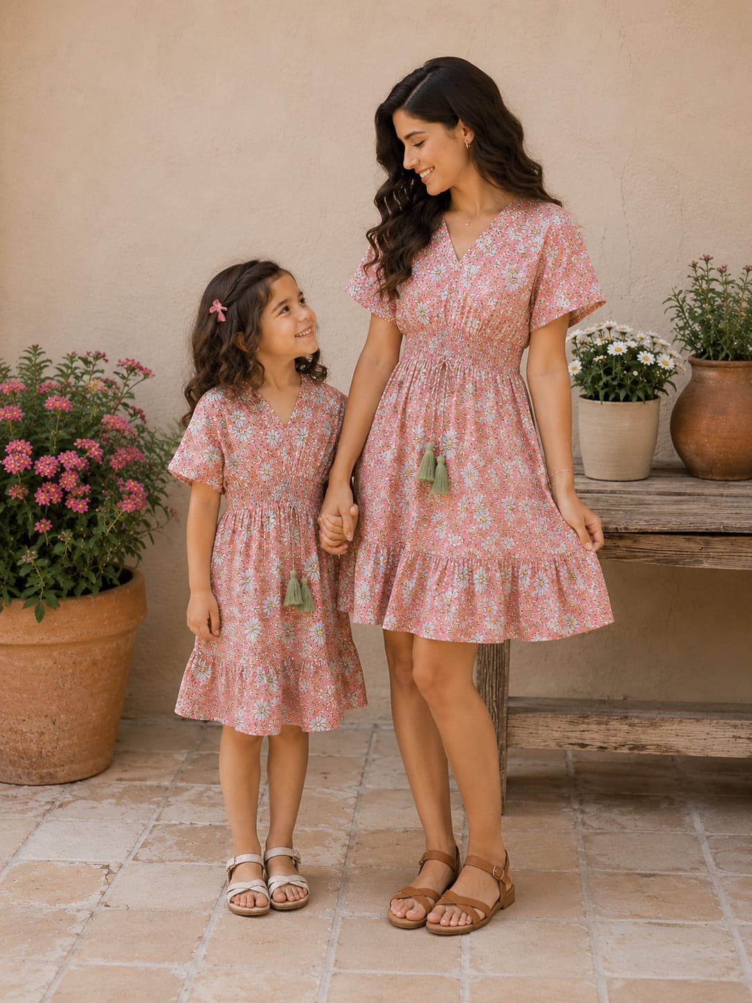 Mom & Daughter Peach Floral Printed Smocked Waist Matching Flared Dress Set with Tassel Tie-Up Detail