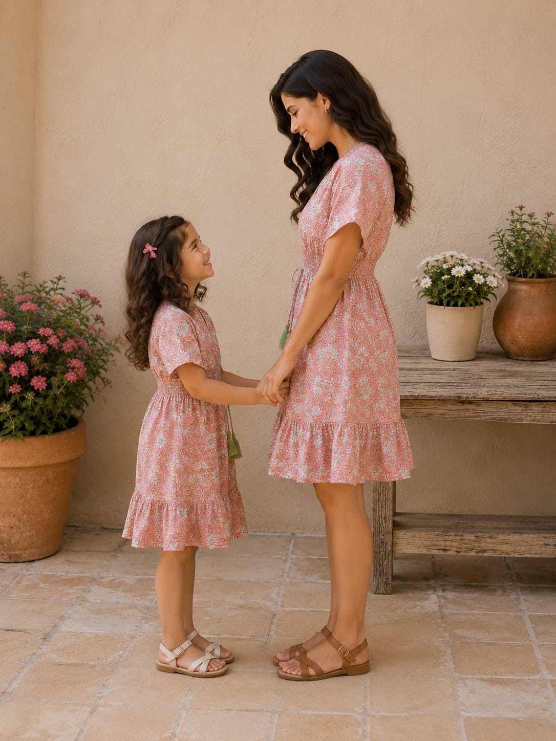 Mom & Daughter Peach Floral Printed Smocked Waist Matching Flared Dress Set with Tassel Tie-Up Detail
