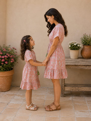 Mom & Daughter Peach Floral Printed Smocked Waist Matching Flared Dress Set with Tassel Tie-Up Detail
