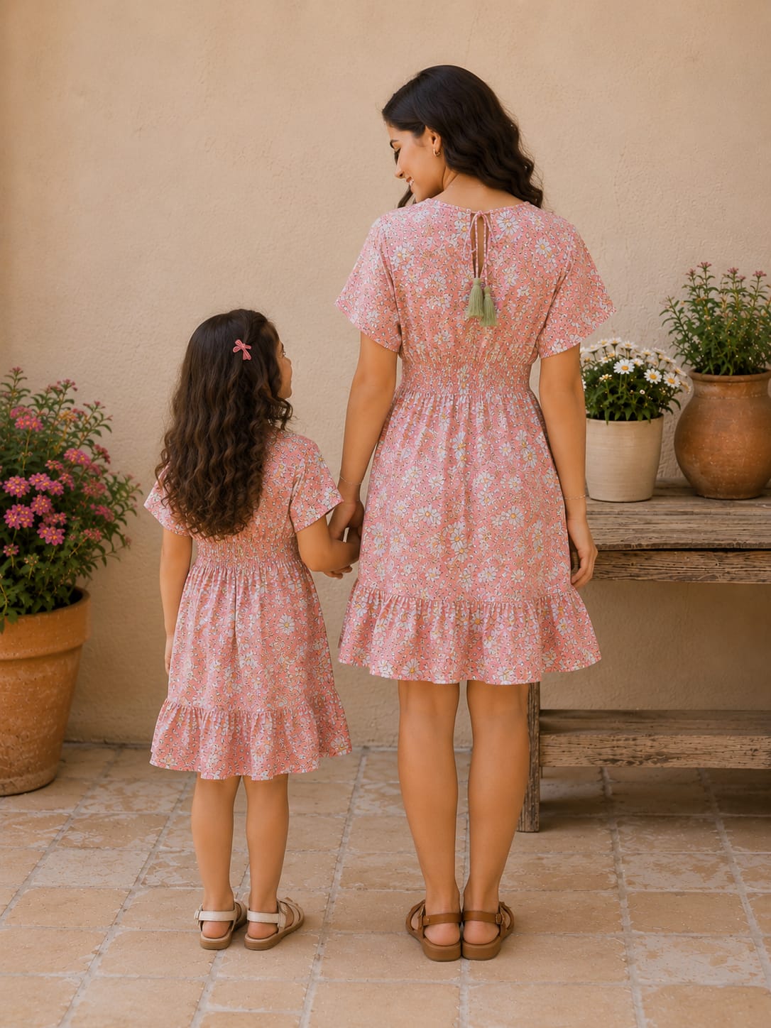 Mom & Daughter Peach Floral Printed Smocked Waist Matching Flared Dress Set with Tassel Tie-Up Detail