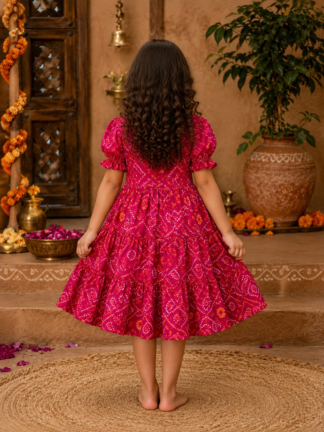 Girl Child Magenta Bandhani Printed Tiered One-Piece Dress