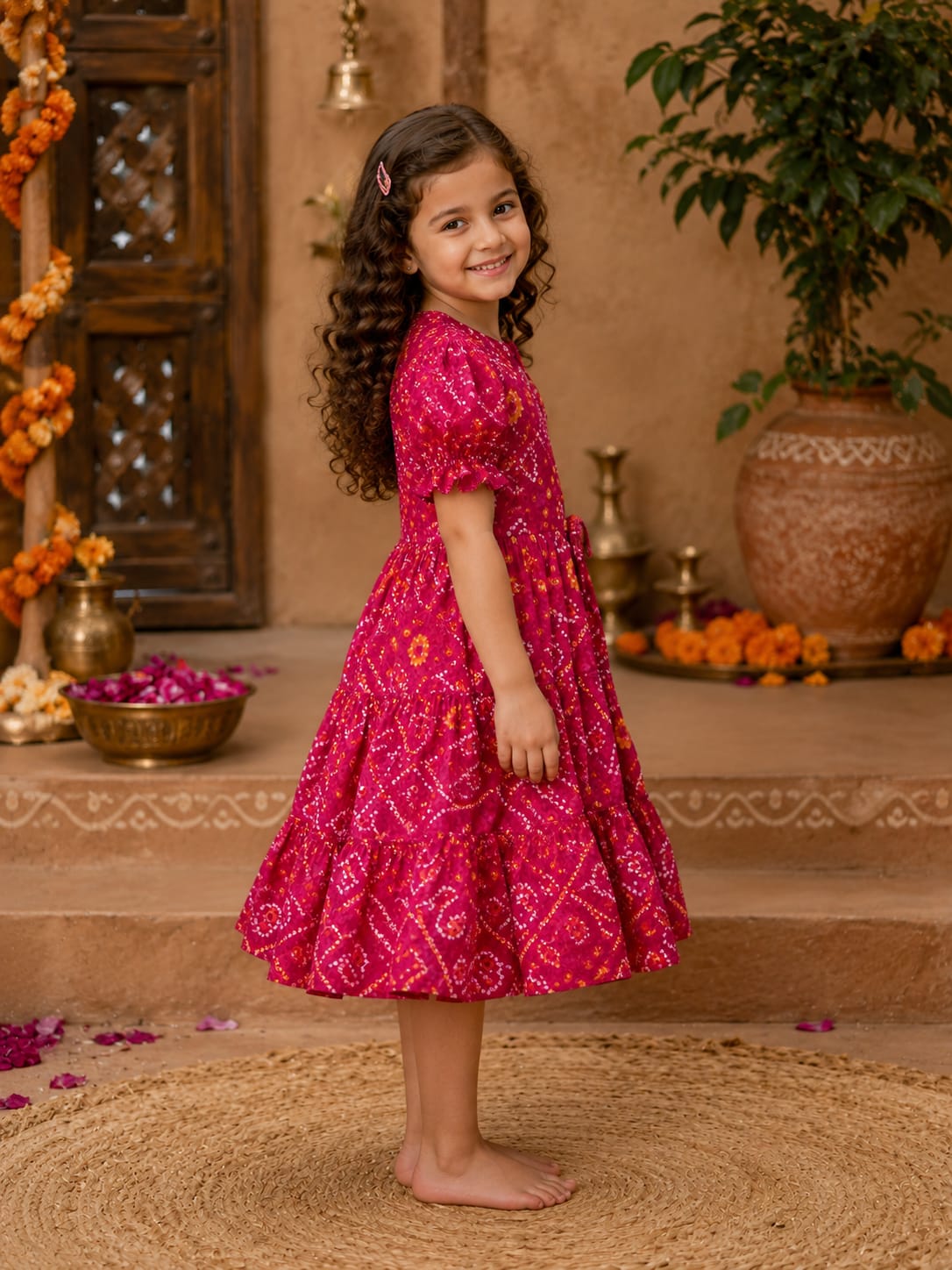 Girl Child Magenta Bandhani Printed Tiered One-Piece Dress