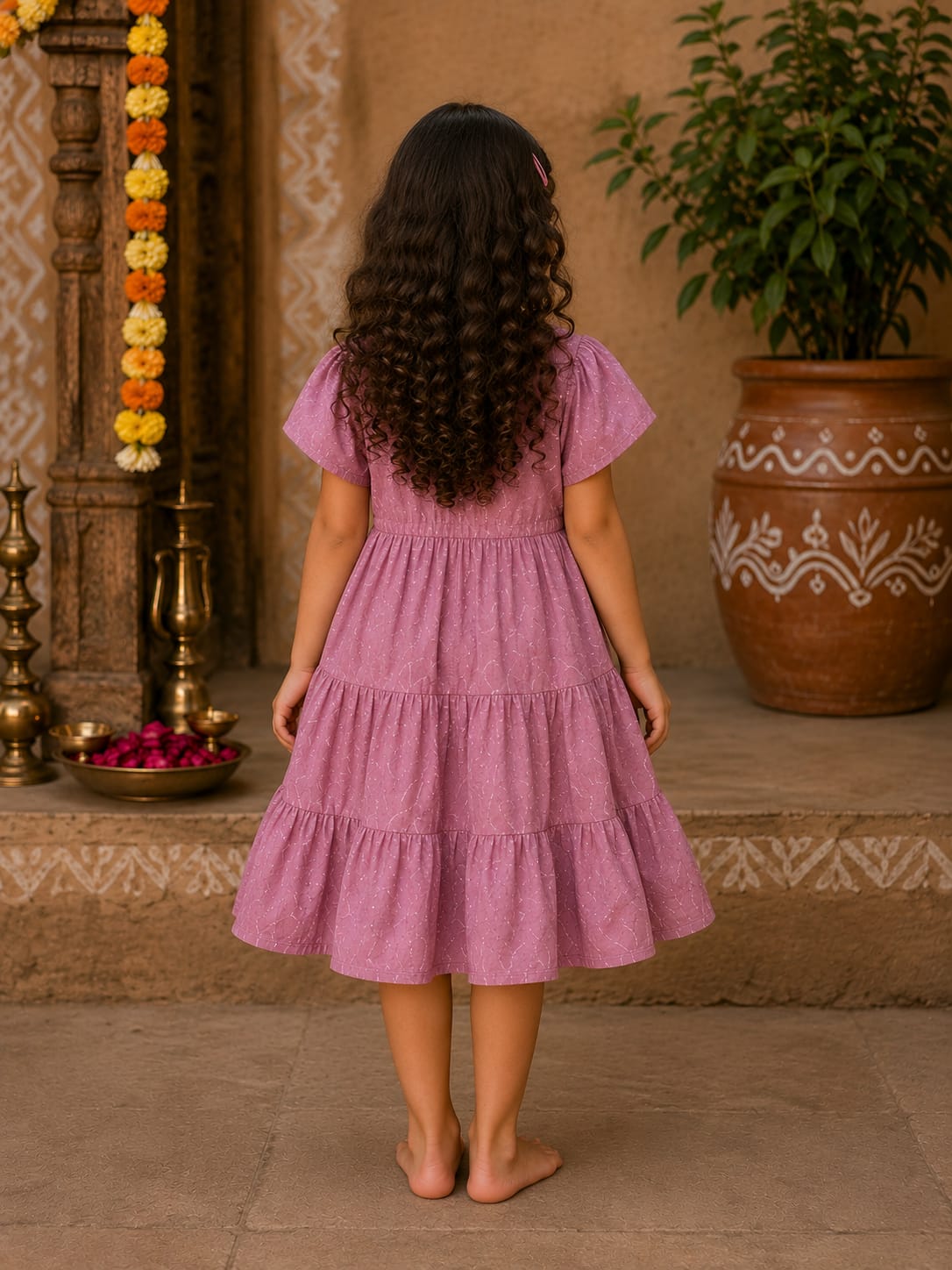 Girl Child Mauve Solid Rayon Tiered One-Piece Dress