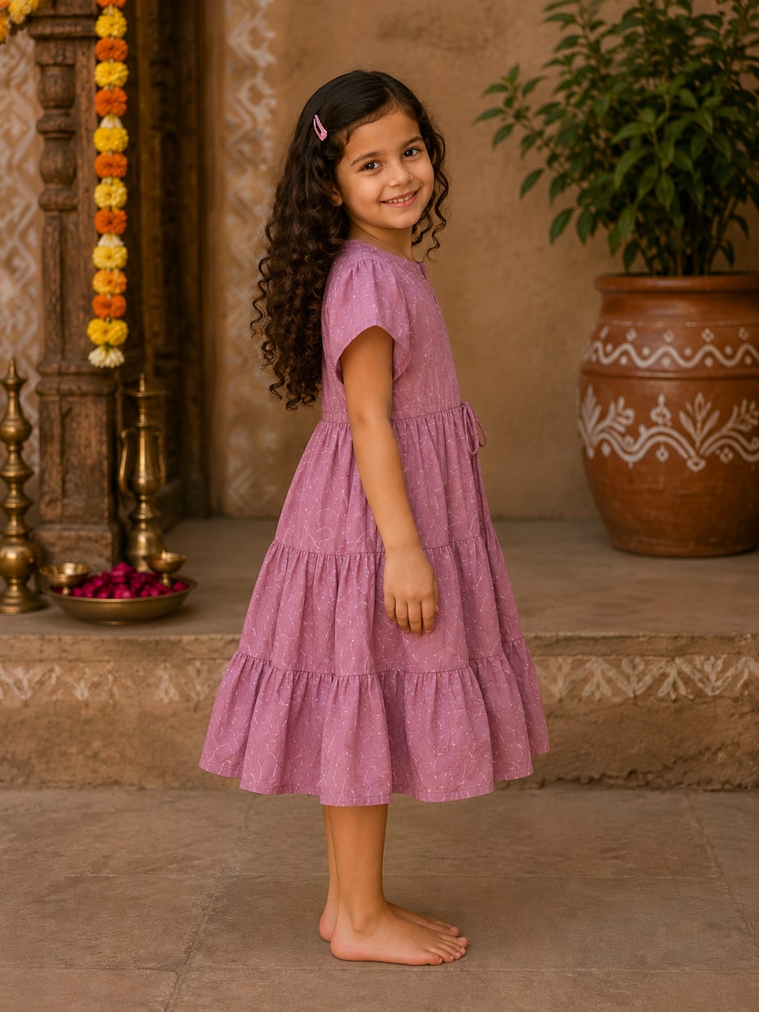 Girl Child Mauve Solid Rayon Tiered One-Piece Dress