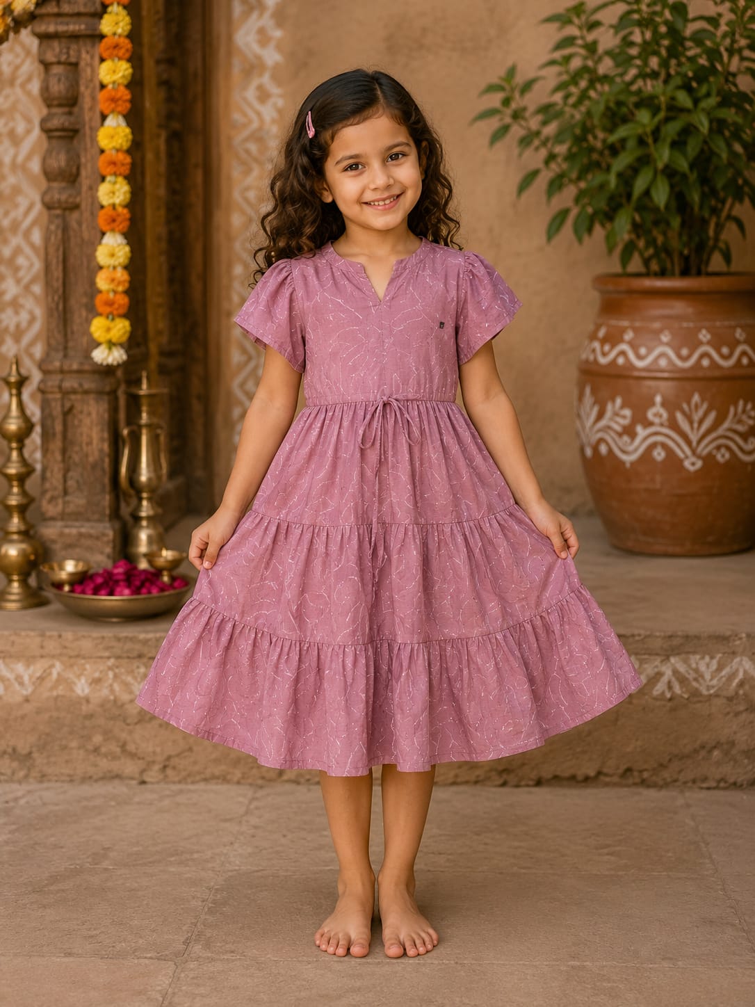 Girl Child Mauve Solid Rayon Tiered One-Piece Dress