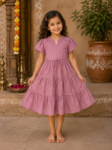 Girl Child Mauve Solid Rayon Tiered One-Piece Dress