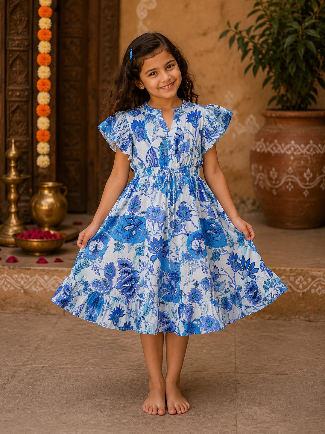 Girl Child Blue Floral Printed One-Piece Dress