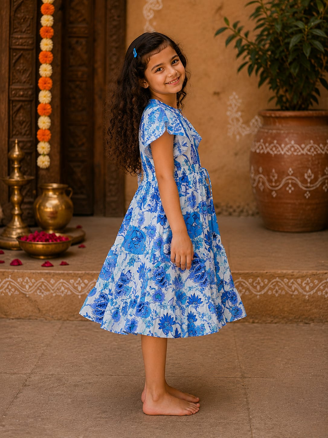 Girl Child Blue Floral Printed One-Piece Dress