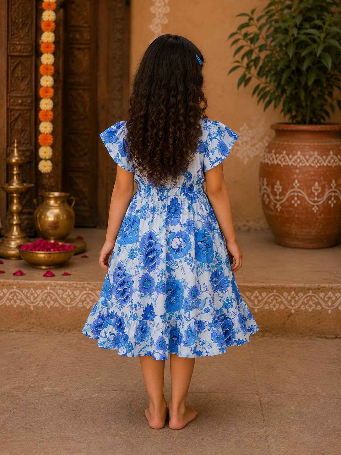 Girl Child Blue Floral Printed One-Piece Dress