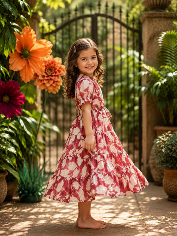 Girl Child Rose Floral Printed One-Piece Dress