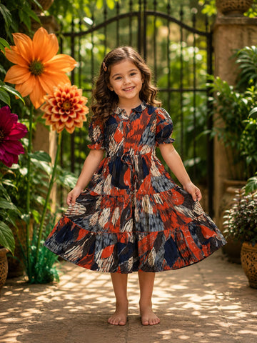 Girl Child Rust & Navy Abstract Printed Tiered One-Piece Dress