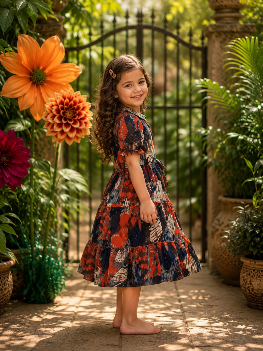 Girl Child Rust & Navy Abstract Printed Tiered One-Piece Dress