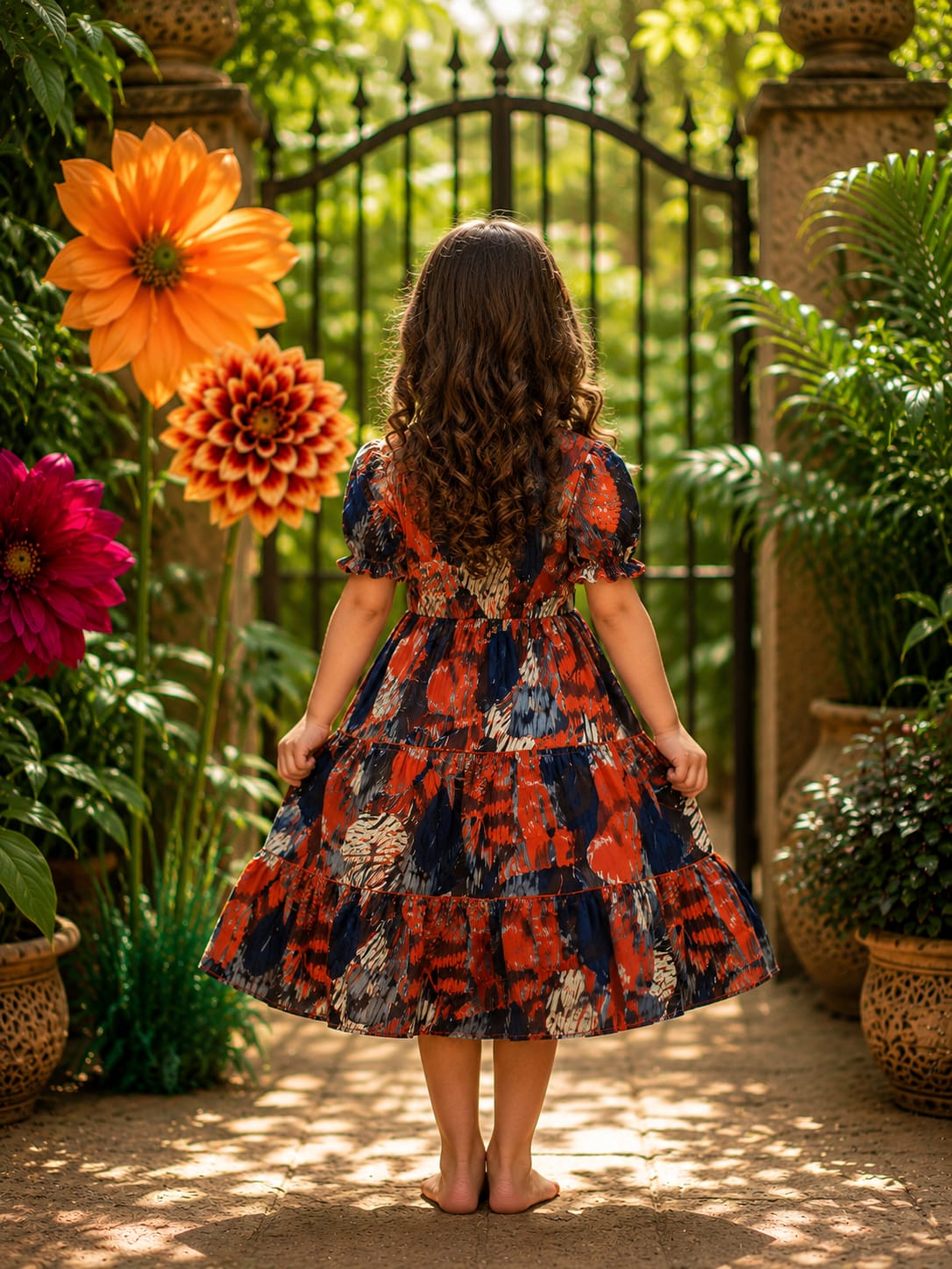 Girl Child Rust & Navy Abstract Printed Tiered One-Piece Dress