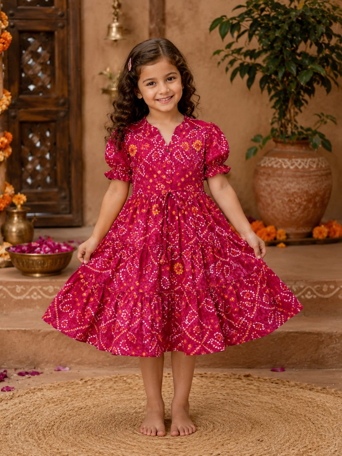 Girl Child Magenta Bandhani Printed Tiered One-Piece Dress
