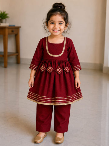 Baby Girl Maroon Rayon embroidered kurta pant set